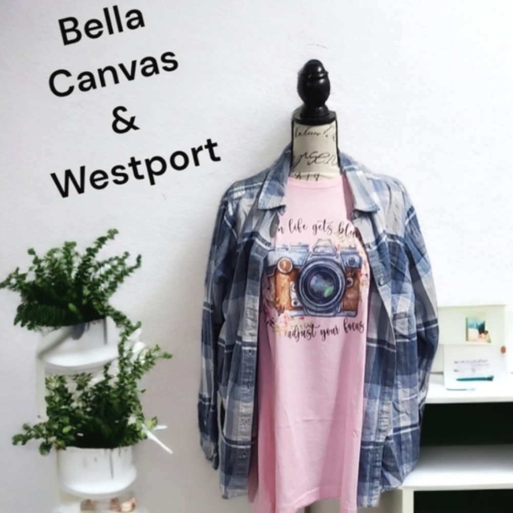 Bella Canvas Pink Graphic Tee with Westport Blue Plaid Shirt